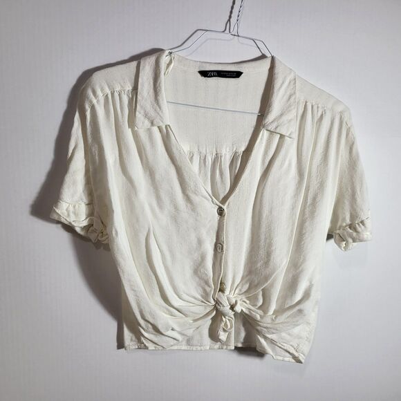 Zara white short sleeve button-up tie-front Crop top - Picture 1 of 3